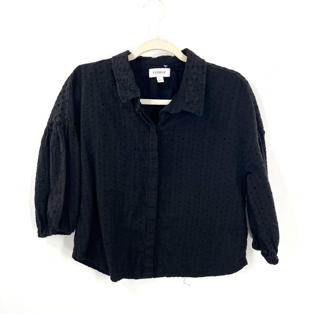 Evereve emory button front‎ eyelet top puff sleeve romantic coquette black S